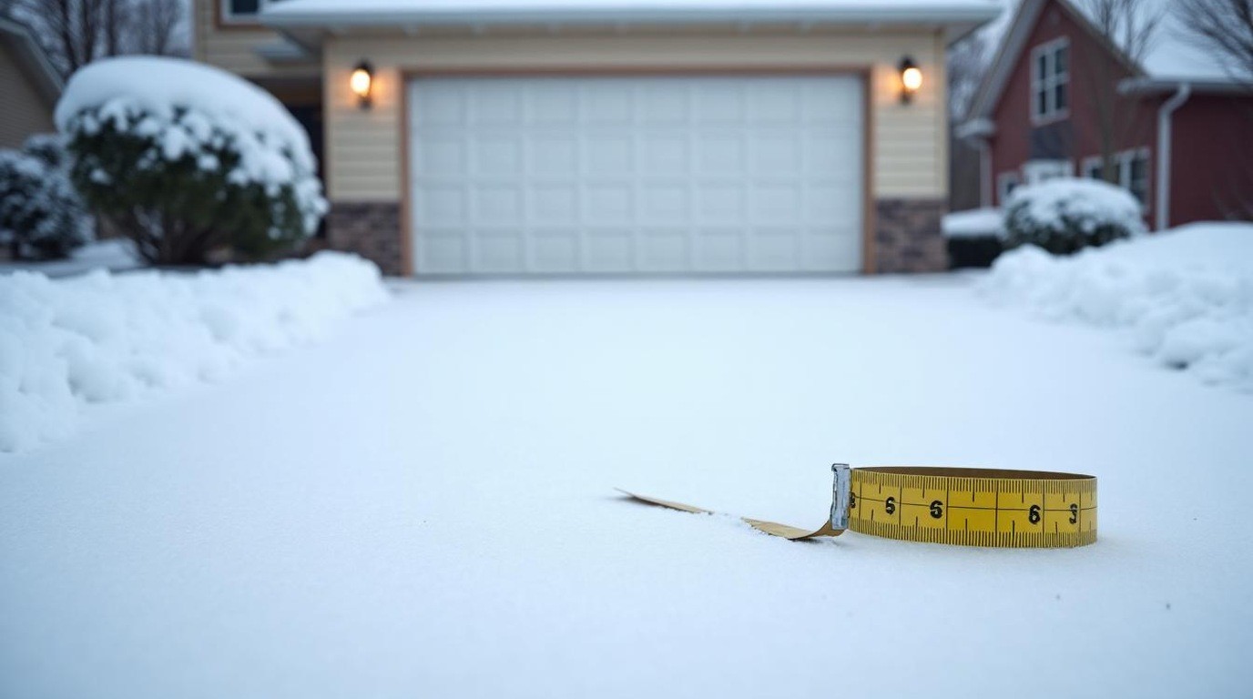 Long suburban driveway with fresh snow and a measuring tape coiled at the garage
