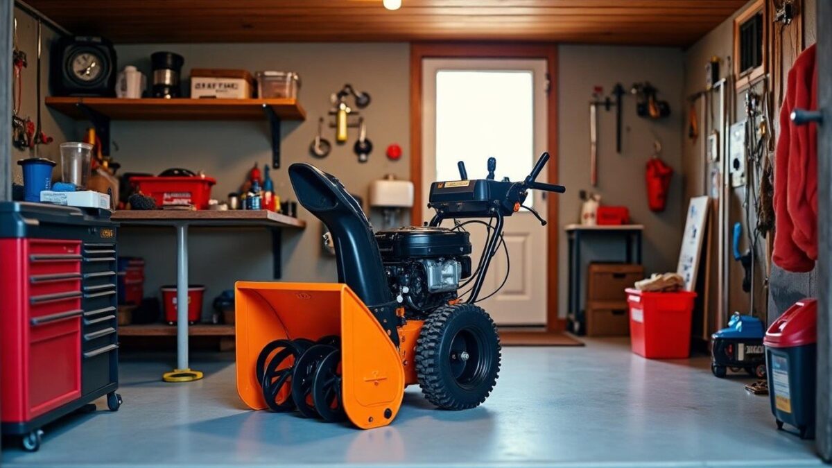 Snow blower in a garage with a tool tray and fresh fuel can