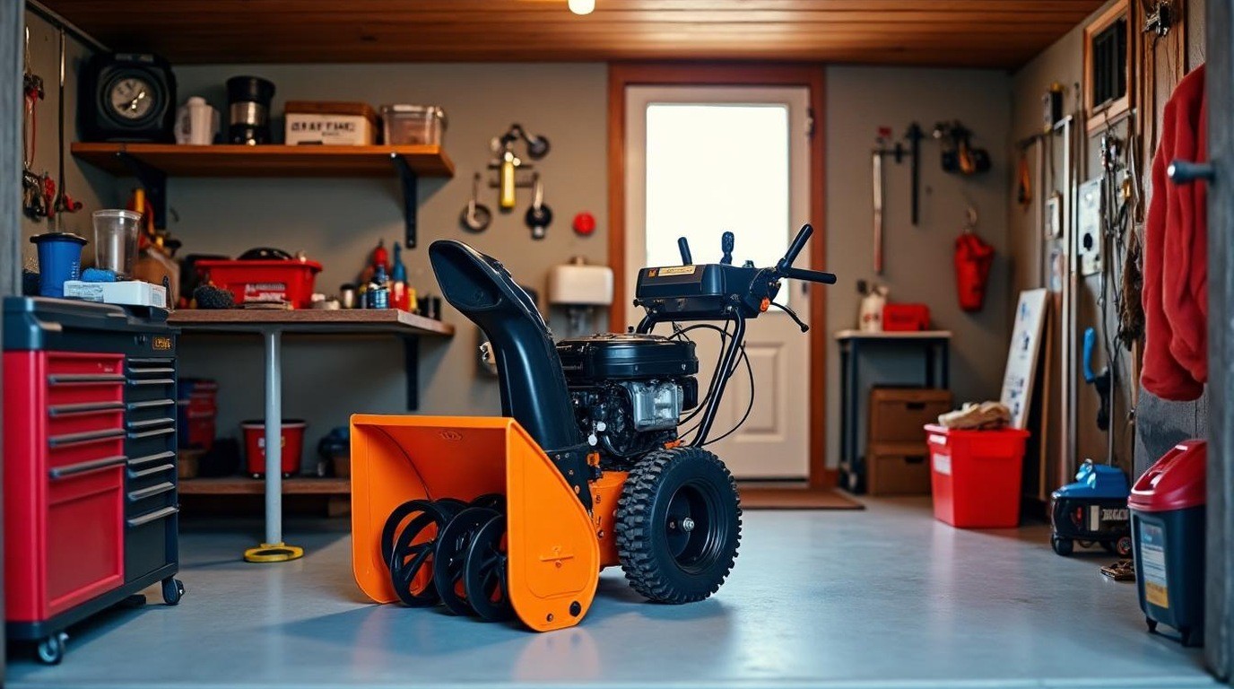 Snow blower in a garage with a tool tray and fresh fuel can