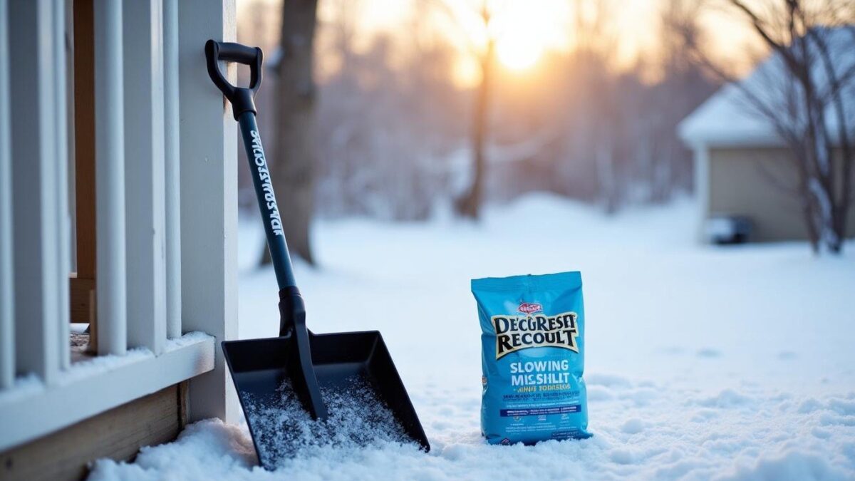 Ergonomic snow shovel leaning on a porch rail beside a bag of ice melt