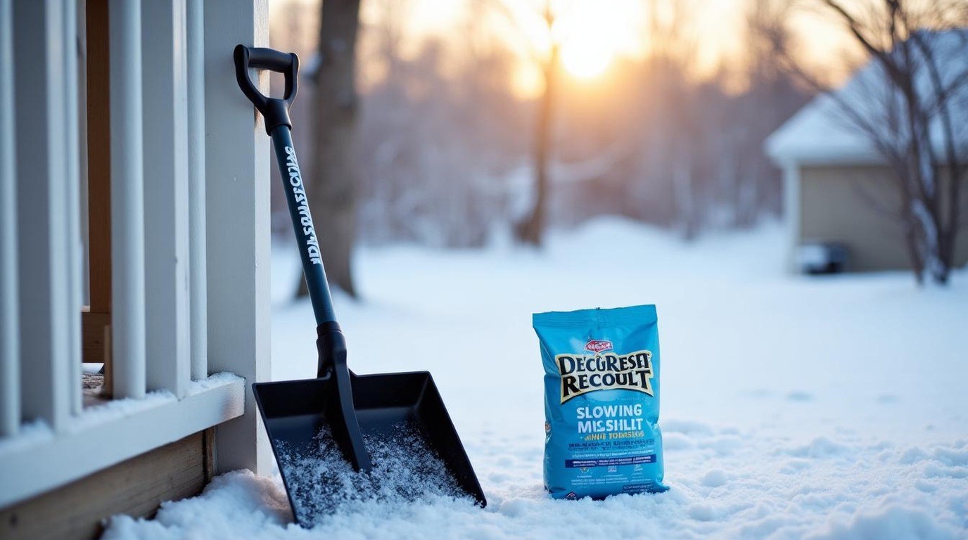 Ergonomic snow shovel leaning on a porch rail beside a bag of ice melt
