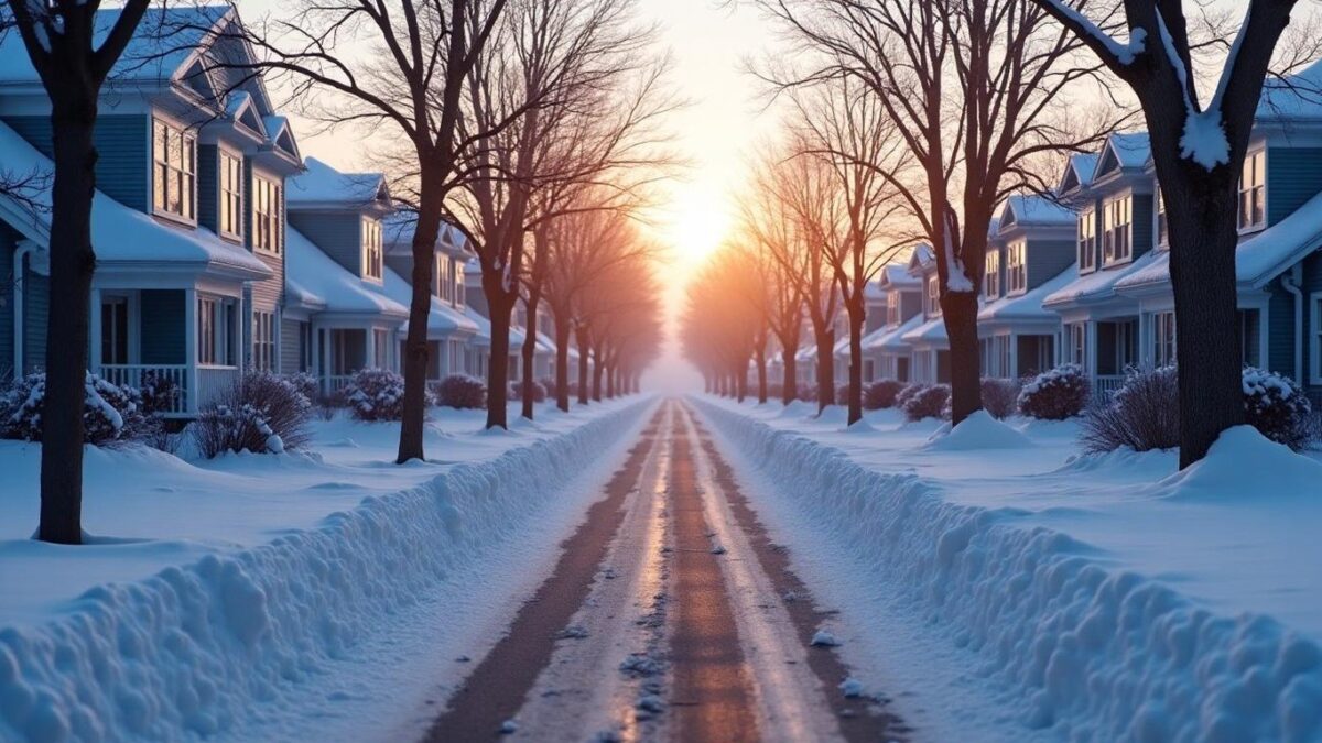 Snowy residential street with a plowed driveway edge