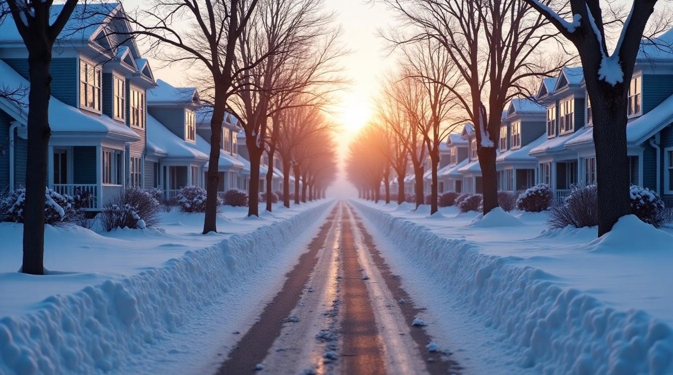 Snowy residential street with a plowed driveway edge